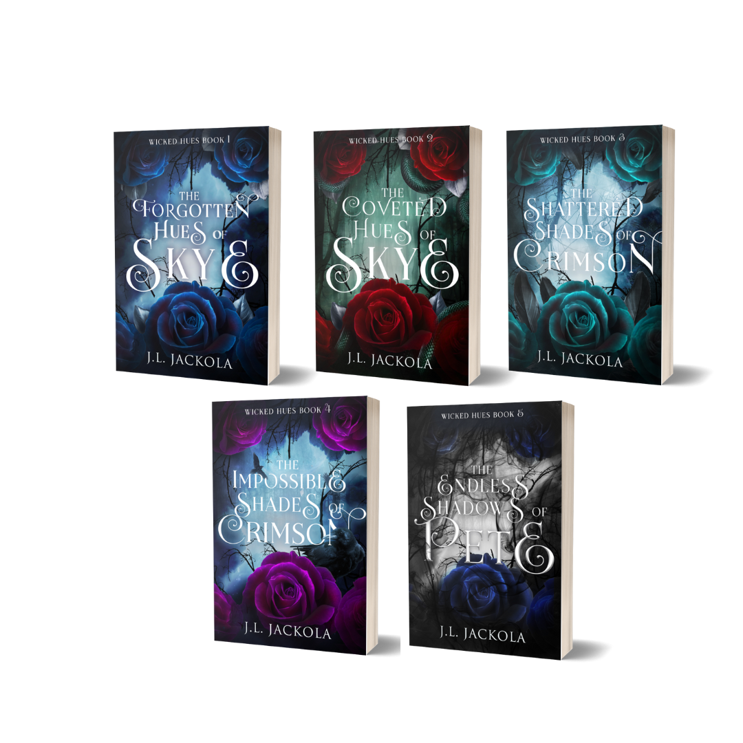 Five dark fantasy romance paperbacks with flowers on them